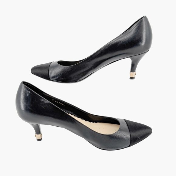 Chanel Cap Toe CC Kitten Pumps EU 38.5 US 7.5-8 Black Leather Pointed Low Heel - Picture 11 of 15